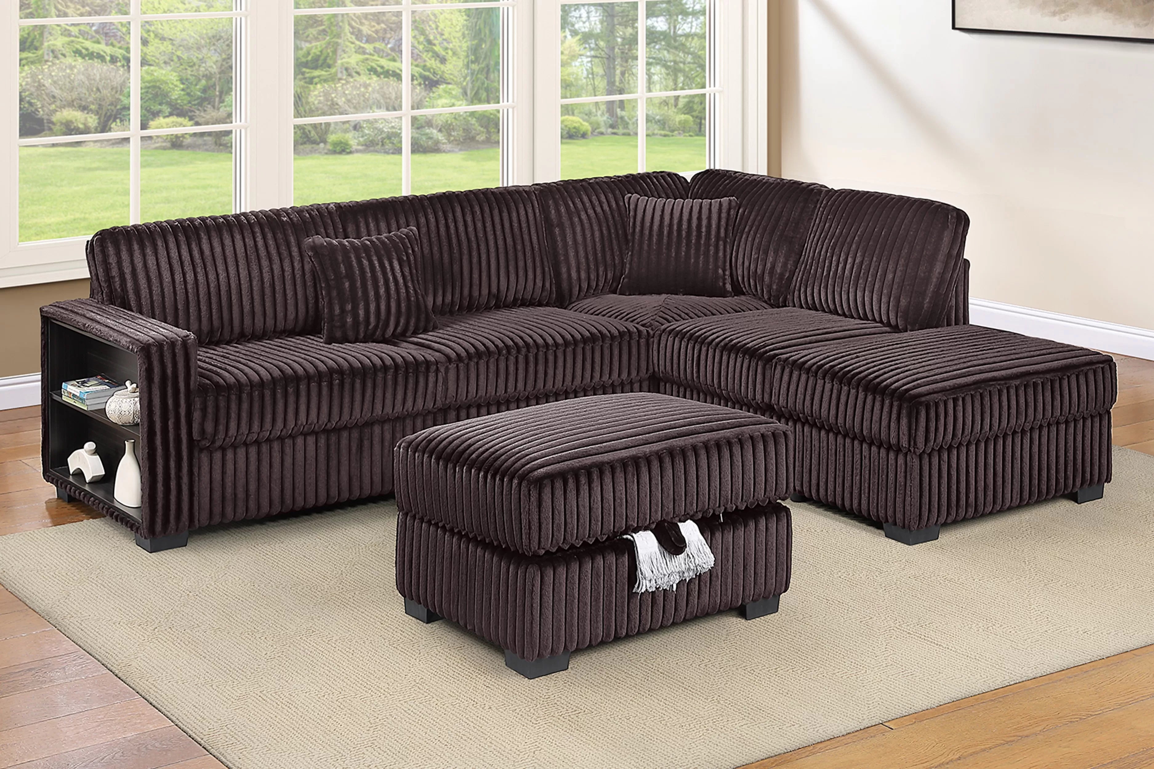 Poundex F8378 3 pc brown fur like corduroy fabric sectional sofa with storage arm with reversible chaise and storage ottoman