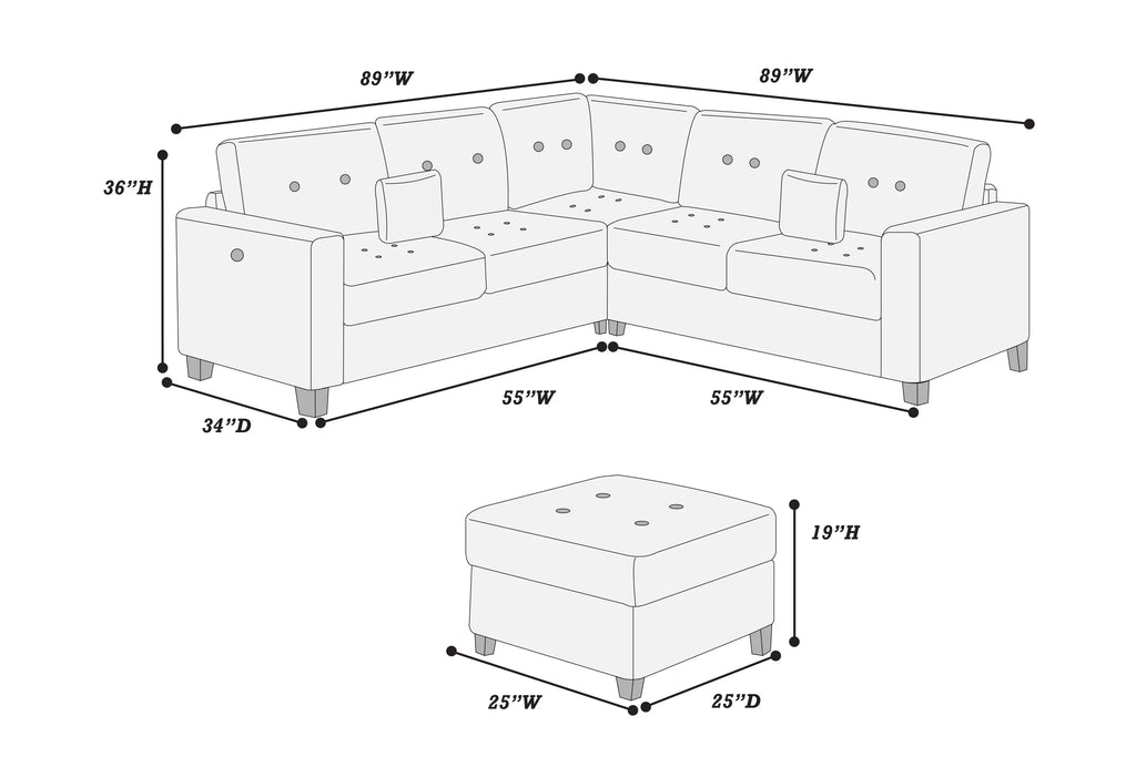 Poundex F8379 4 pc Slate black chenille fabric 89" sectional sofa with ottoman and USB plugs