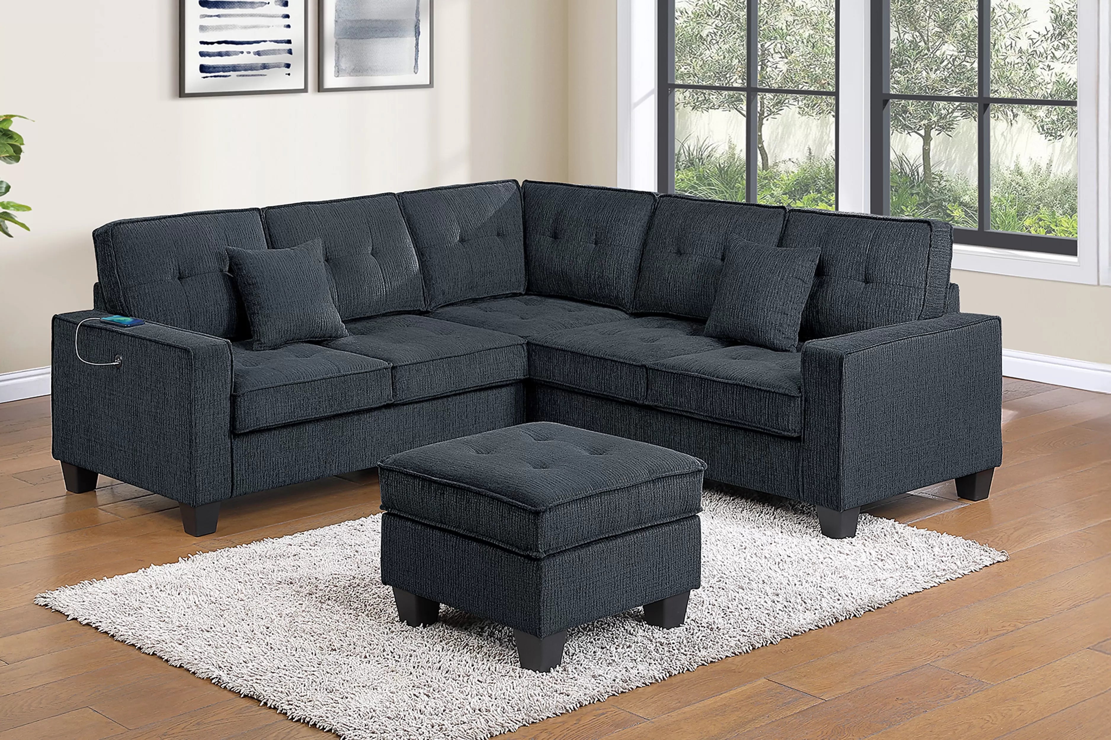 Poundex F8379 4 pc Slate black chenille fabric 89" sectional sofa with ottoman and USB plugs