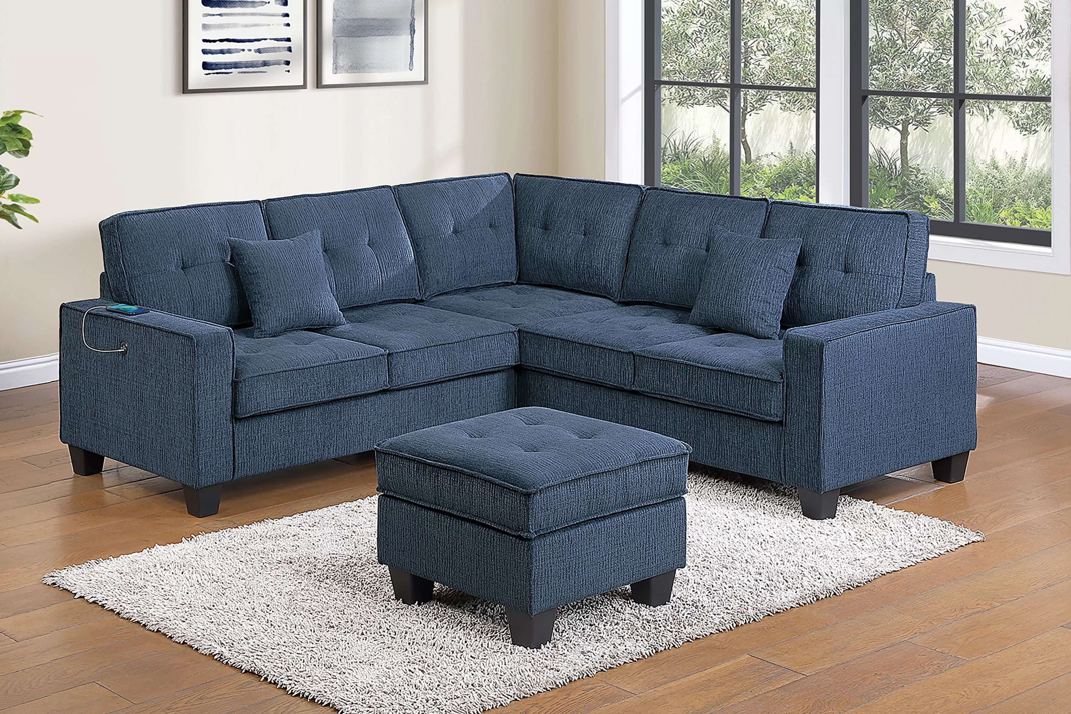 Poundex F8380 4 pc Dark blue chenille fabric 89" sectional sofa with ottoman and USB plugs