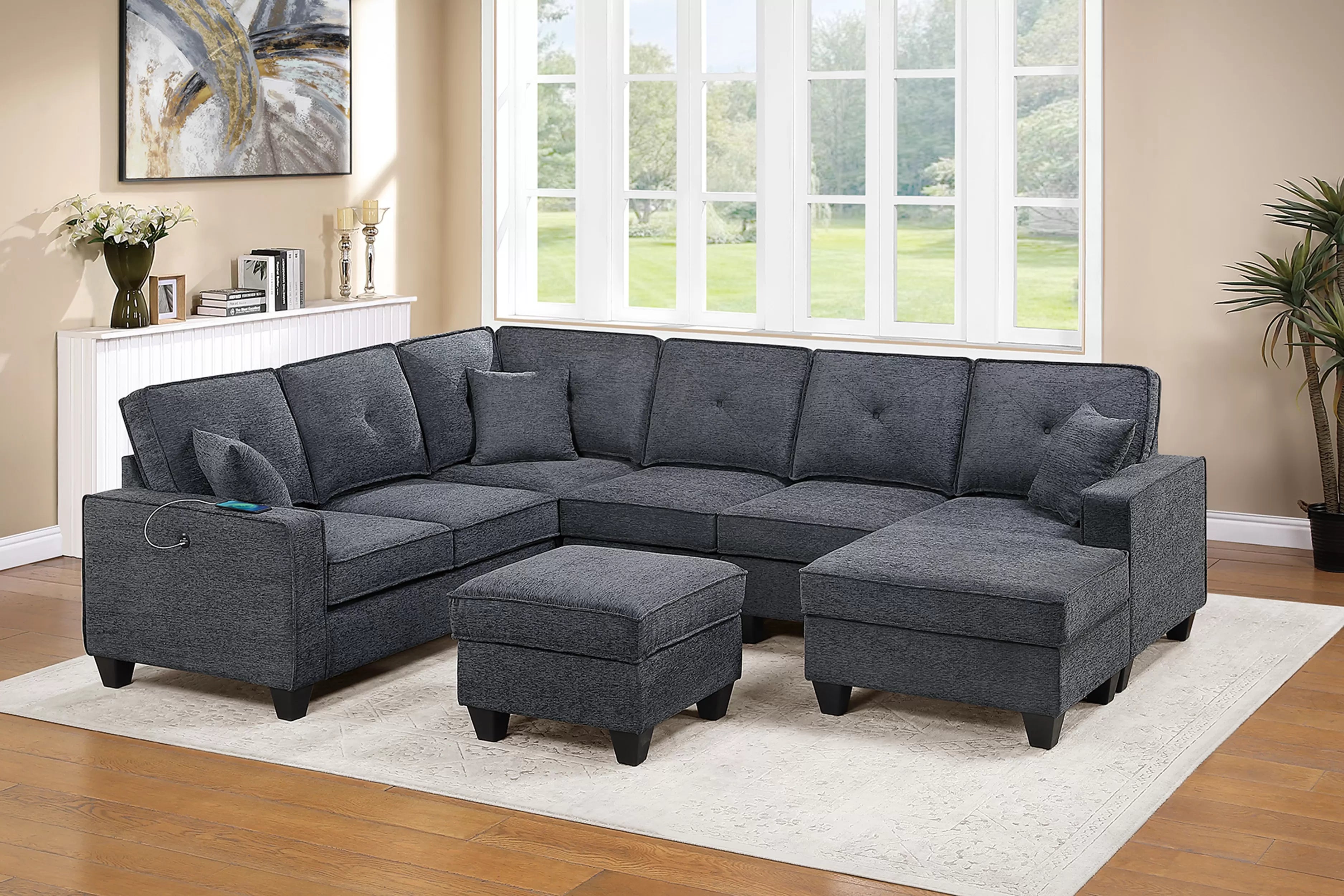 Poundex F8390 5 pc Dark grey chenille fabric reversible chaise sectional sofa with USB ports and ottoman