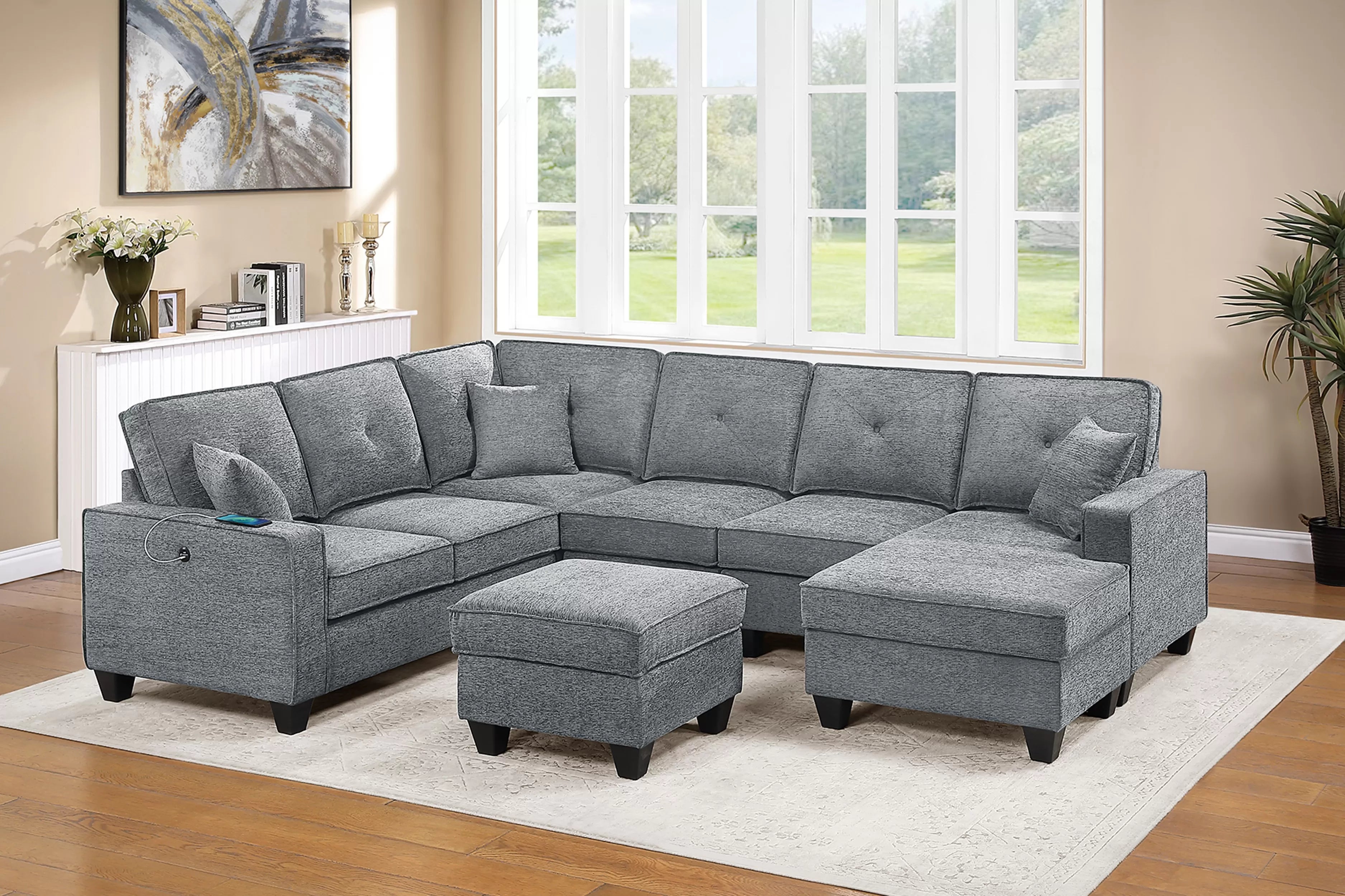 Poundex F8391 5 pc Light grey chenille fabric reversible chaise sectional sofa with USB ports and ottoman