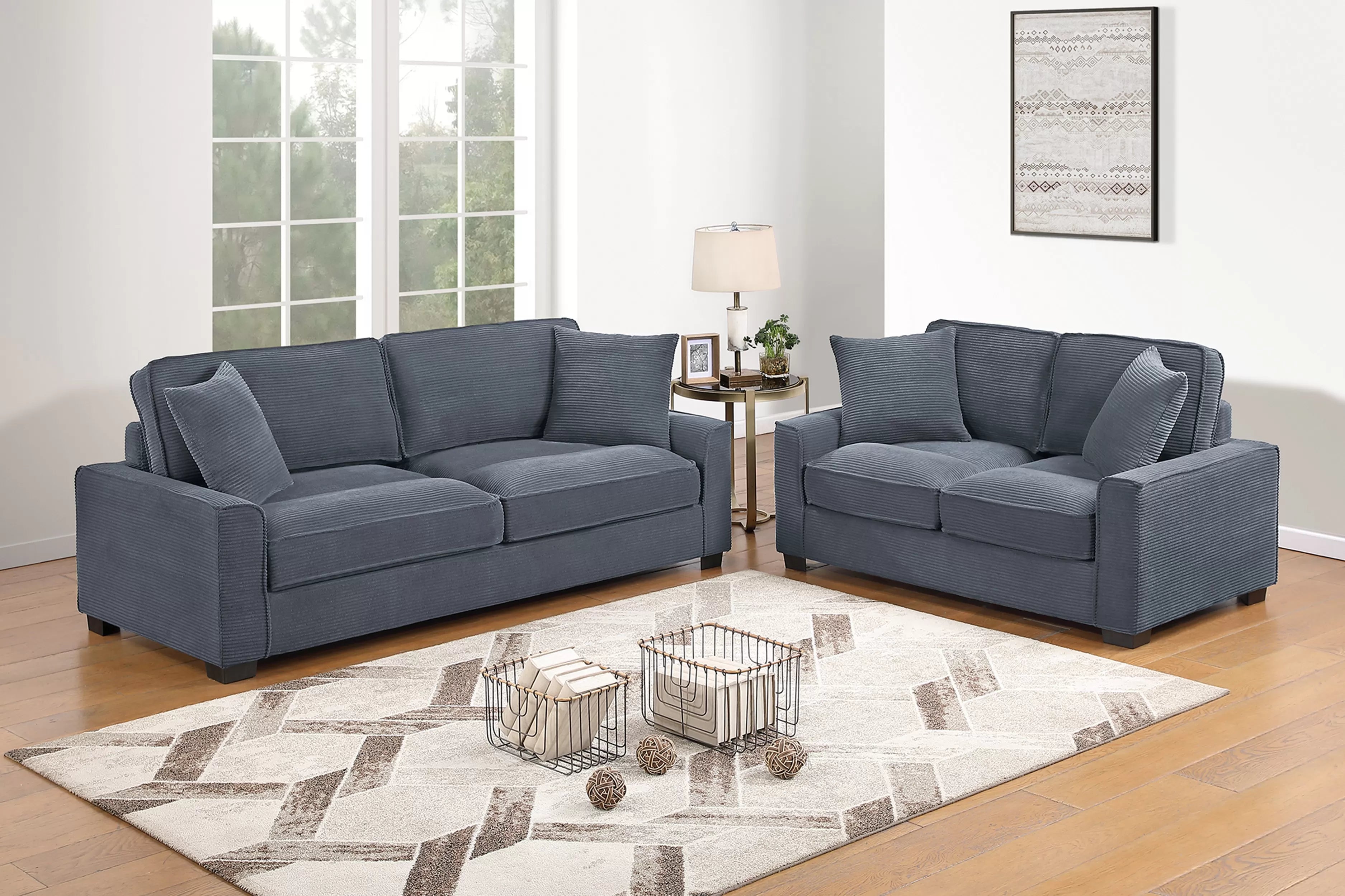Poundex F8392 2 pc dark grey corduroy fabric sofa and love seat set with square arms