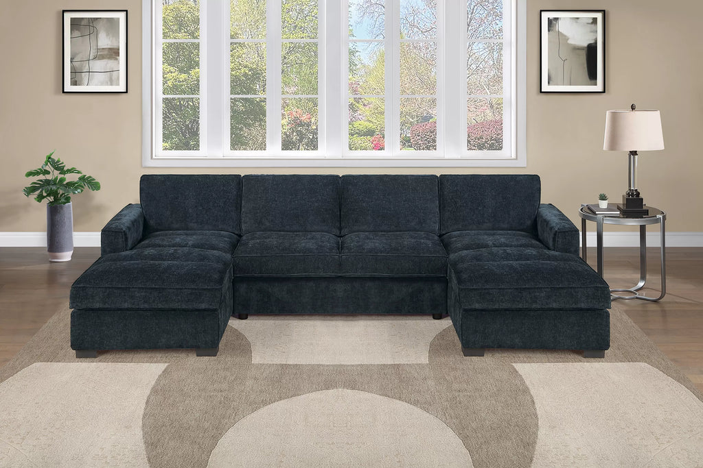 Poundex F8394 3 pc black chenille fabric sectional sofa with double chaise