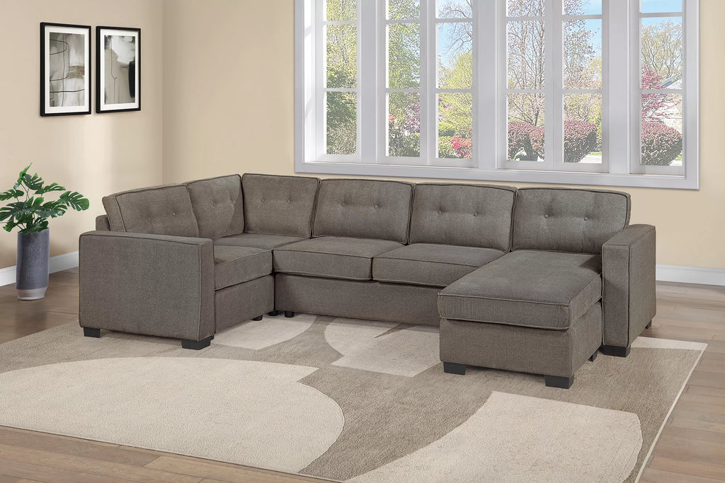 Poundex F8396 3 pc mocha waffle suede fabric U shaped sectional sofa with reversible chaise