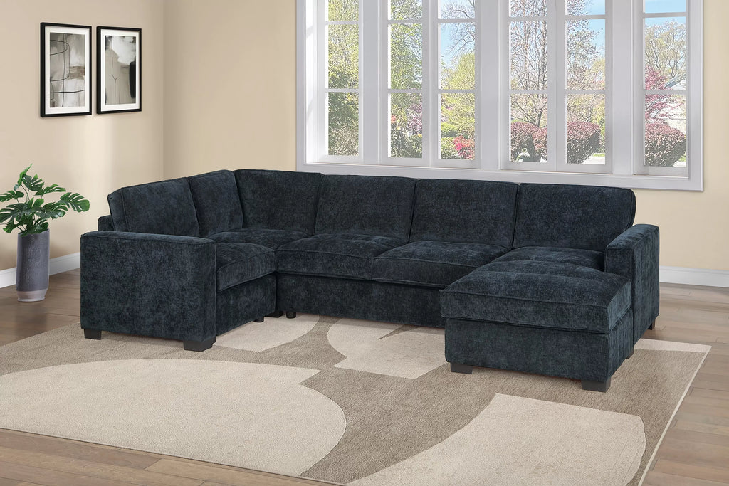 Poundex F8398 3 pc Black chenille fabric 118" U shaped sectional sofa with reversible chaise