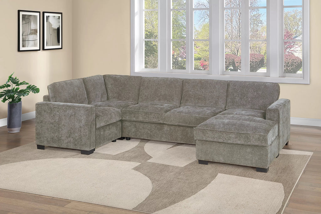 Poundex F8399 3 pc Light brown chenille fabric 118" U shaped sectional sofa with reversible chaise