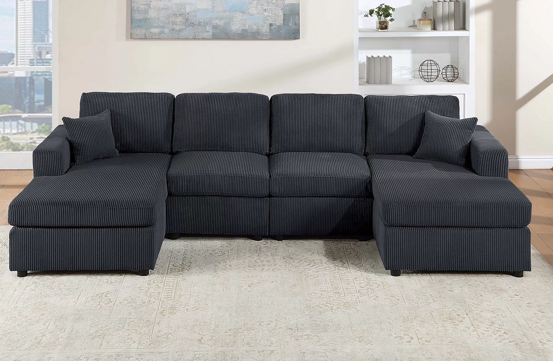 Poundex F8407 4 pc black corduroy fabric sectional sofa with double chaise