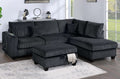 Poundex F8409 3 pc black corduroy fabric sectional sofa with reversible chaise and storage ottoman and USB plugs
