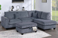 Poundex F8410 3 pc dark grey corduroy fabric sectional sofa with reversible chaise and storage ottoman and USB plugs