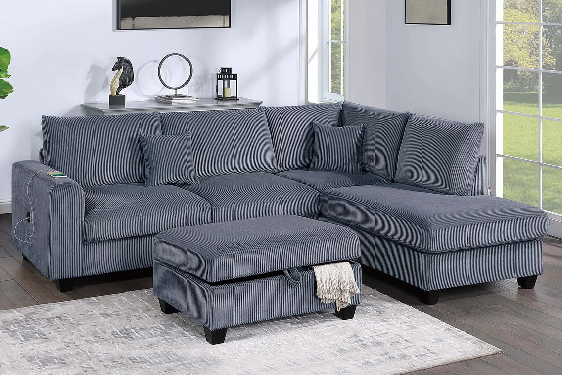 Poundex F8410 3 pc dark grey corduroy fabric sectional sofa with reversible chaise and storage ottoman and USB plugs