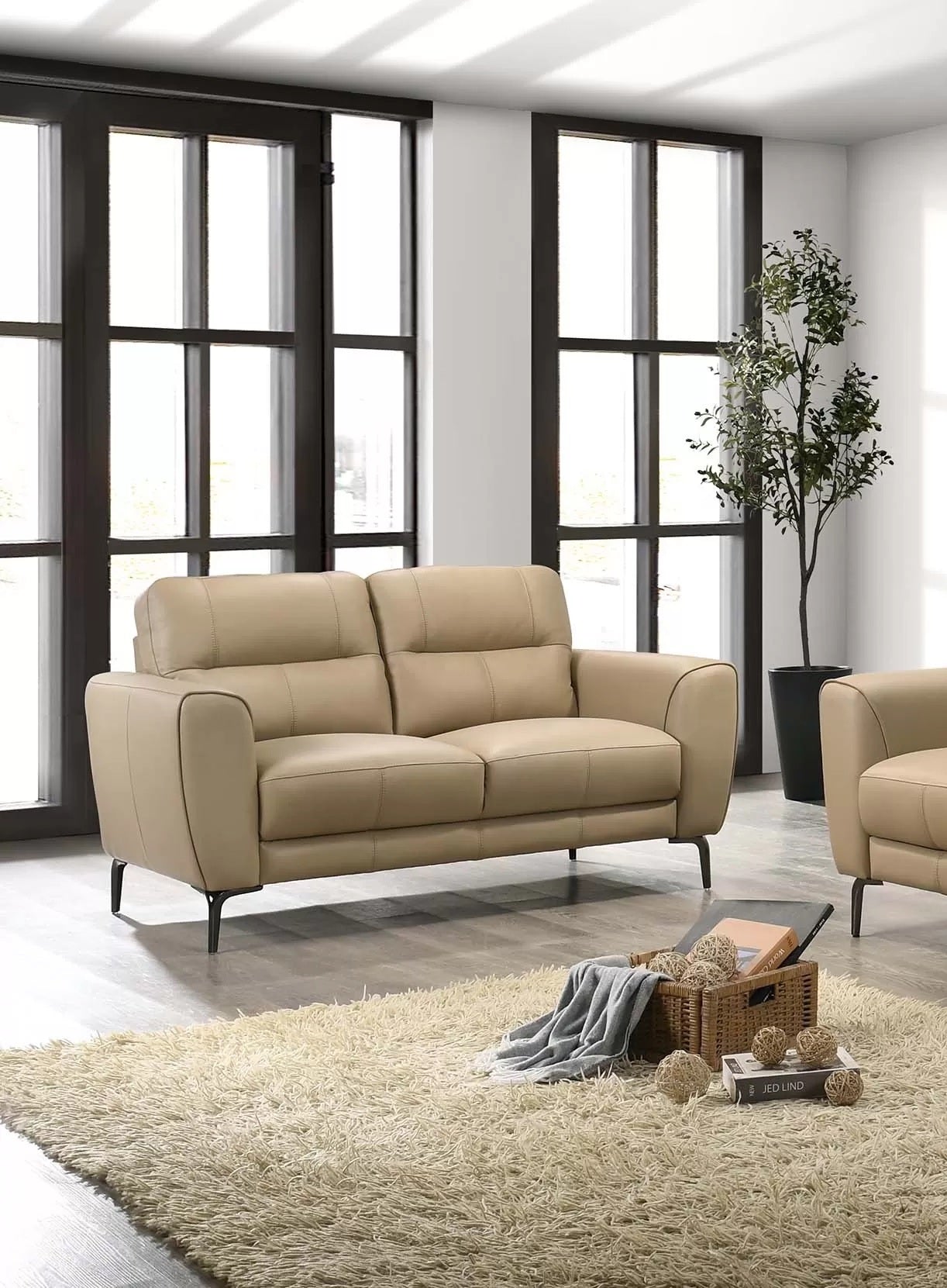 Poundex F8420 2 pc taupe top grain leather sofa and love seat set with flared arms and dark legs