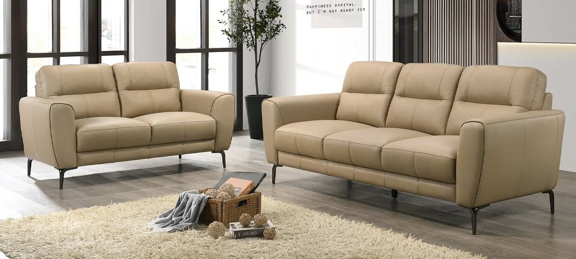Poundex F8420 2 pc taupe top grain leather sofa and love seat set with flared arms and dark legs