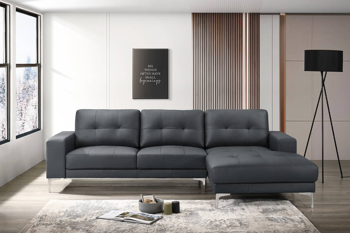 Poundex F8423 2 pc black top grain leather modern style sectional sofa with chaise chrome legs