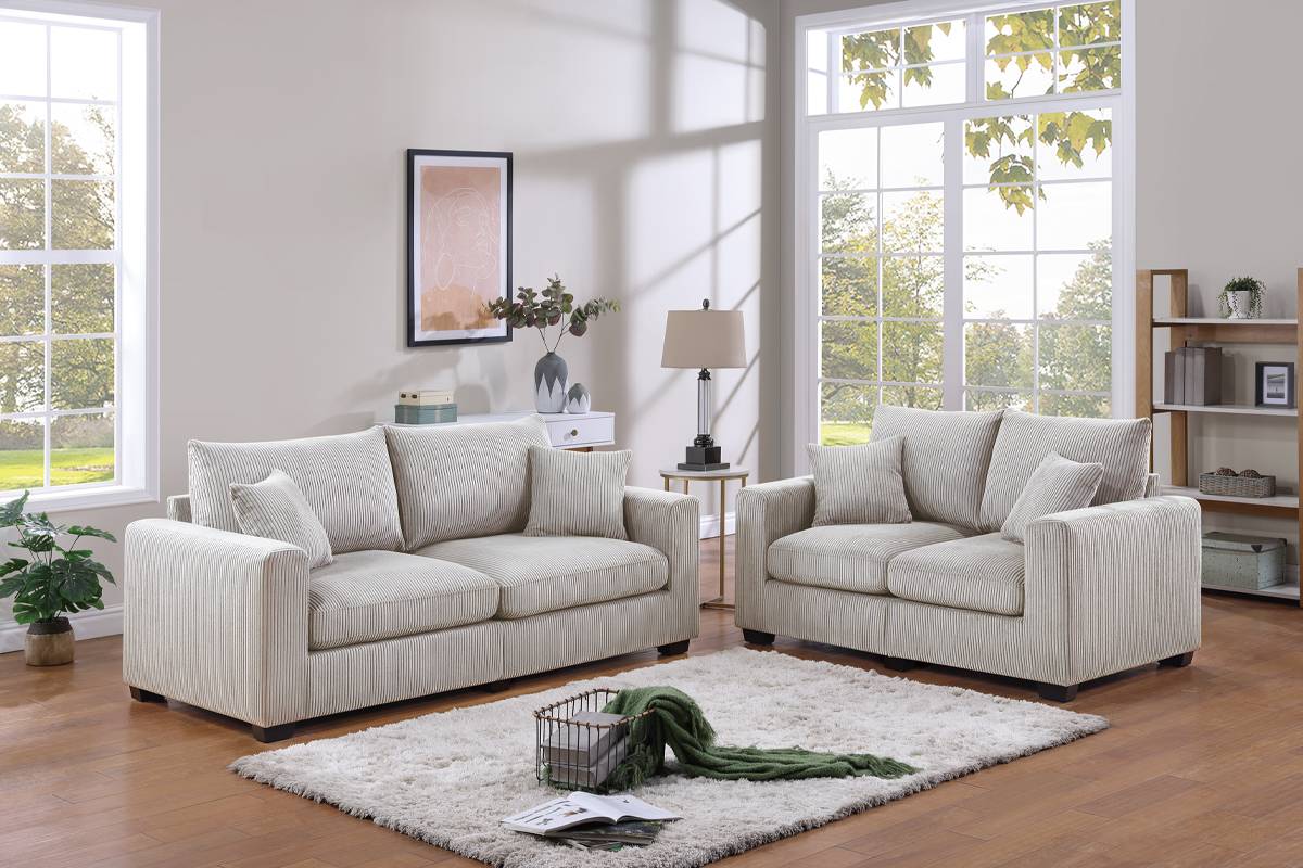 Poundex F8428 2 pc ivory corduroy fabric sofa and love seat set with rounded square arms