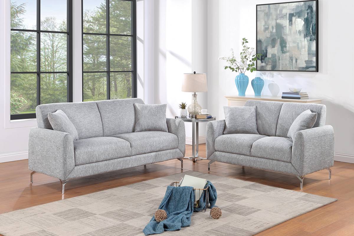 Poundex F8438 2 pc light gray polyfiber woven fabric sofa and love seat set with chrome legs