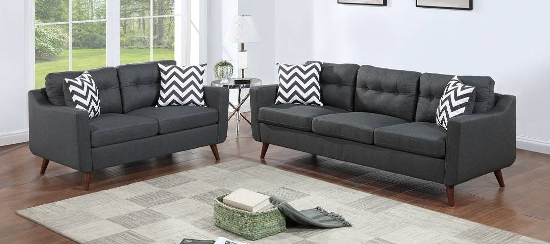 Poundex F8443 2 pc black faux linen fabric mid century modern sofa and love seat set tapered legs