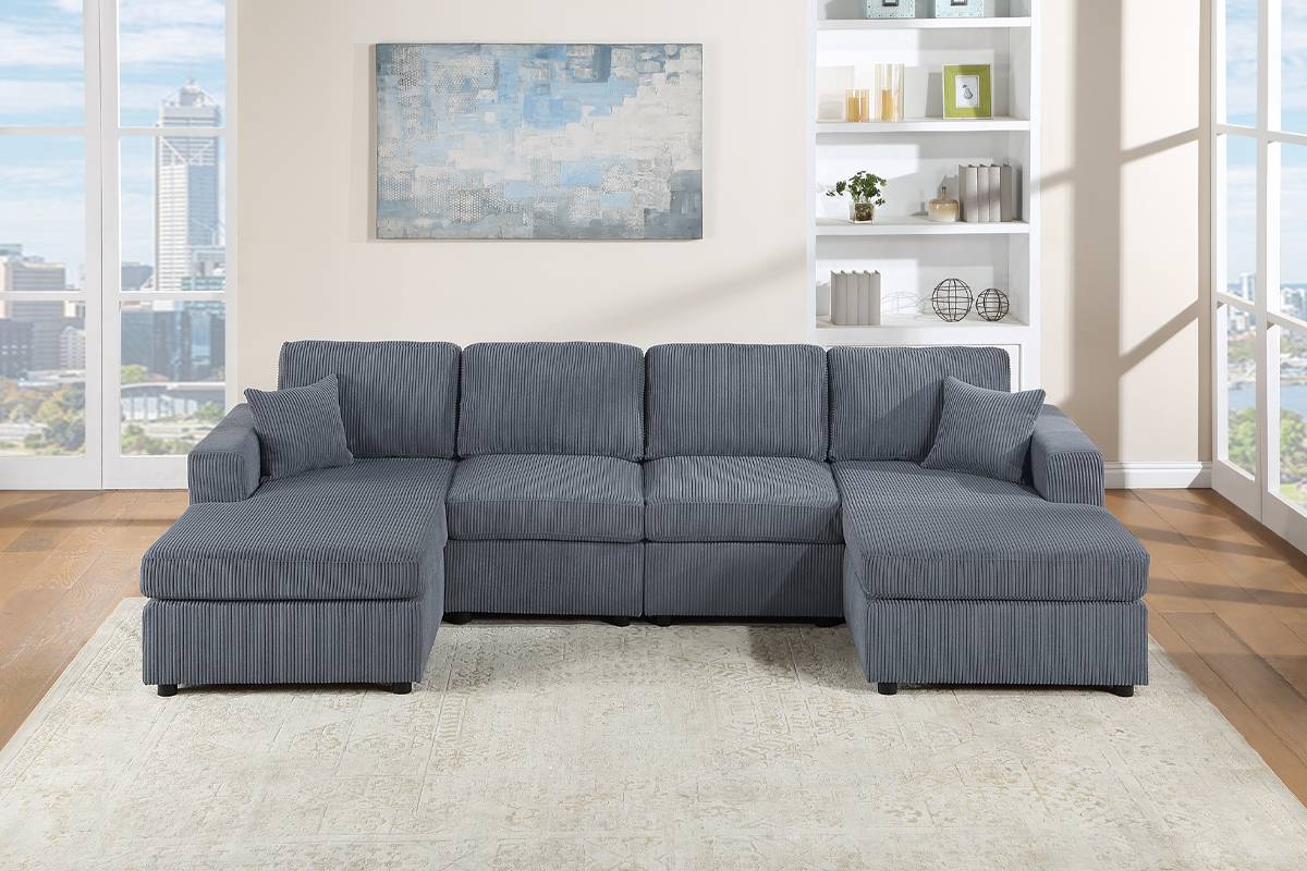 Poundex F8449 4 pc dark grey corduroy fabric sectional sofa with double chaise