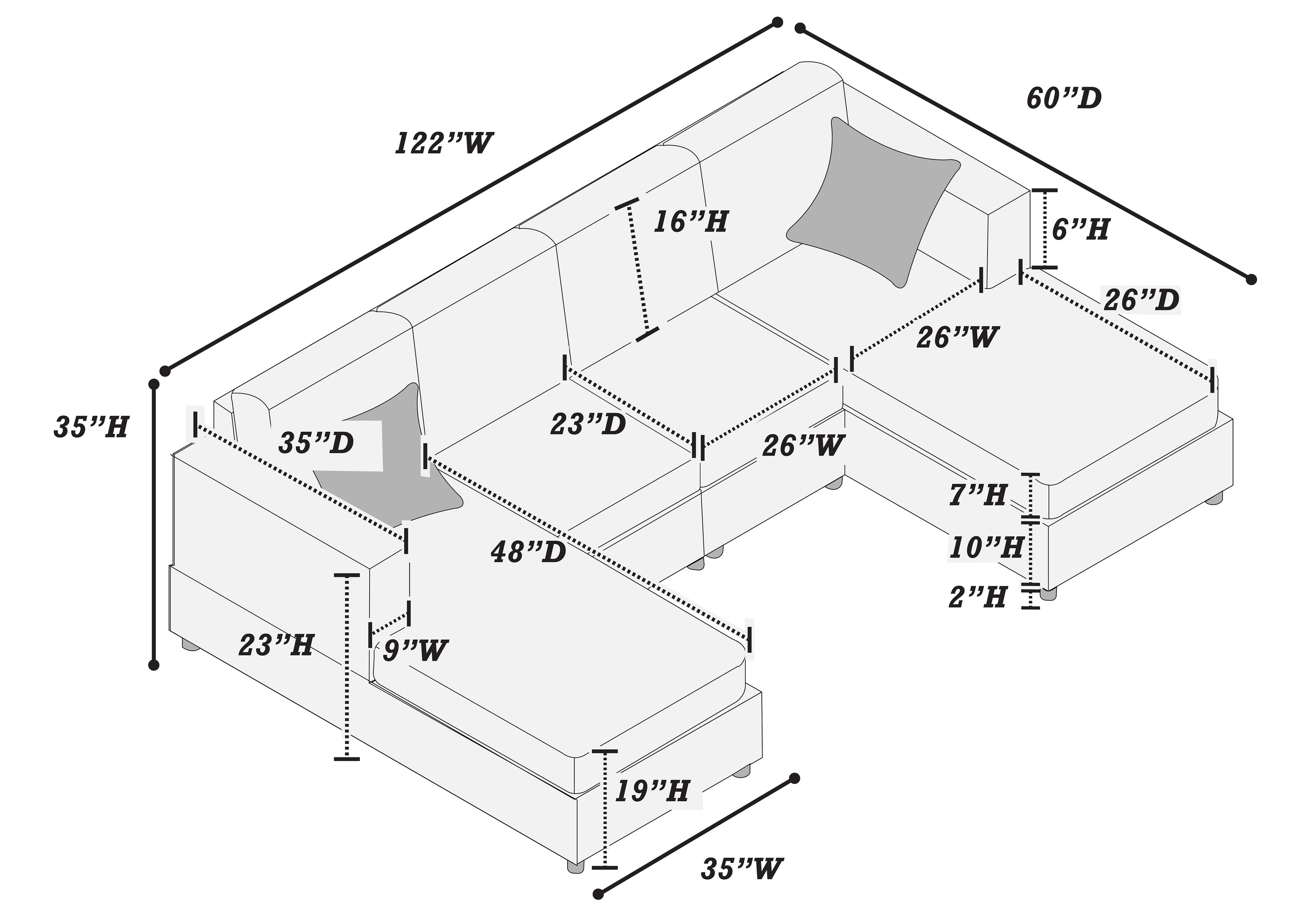 Poundex F8450 4 pc fog grey corduroy fabric sectional sofa with double chaise