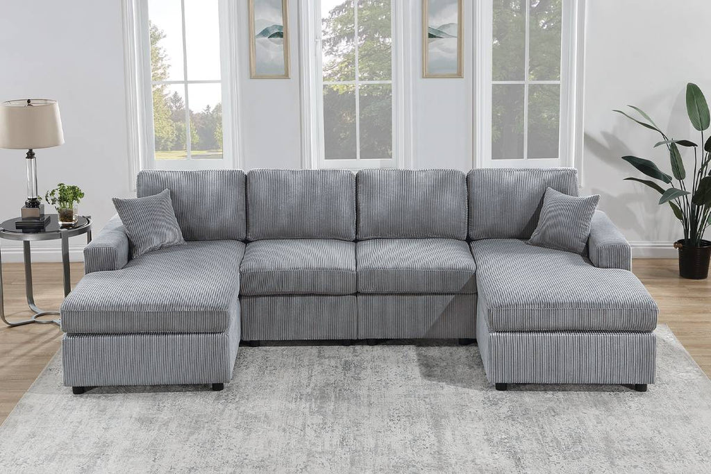 Poundex F8450 4 pc fog grey corduroy fabric sectional sofa with double chaise