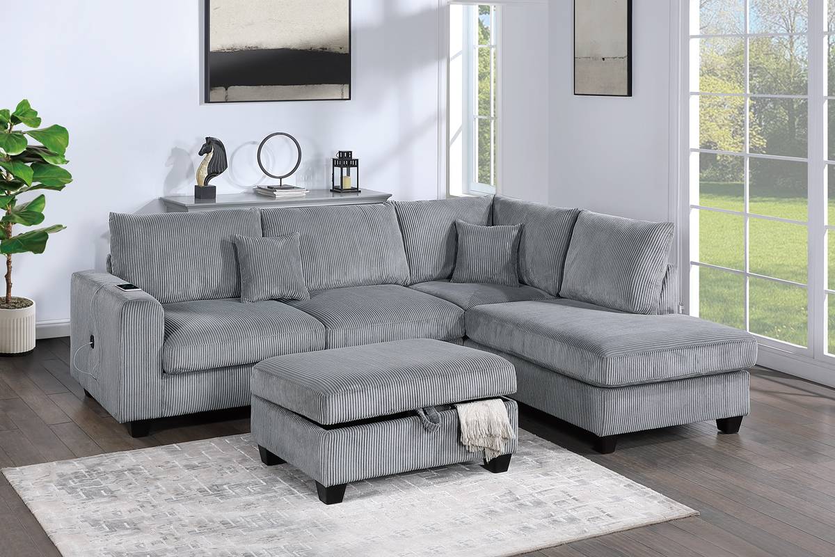 Poundex F8451 3 pc fog grey corduroy fabric sectional sofa with reversible chaise and storage ottoman and USB plugs