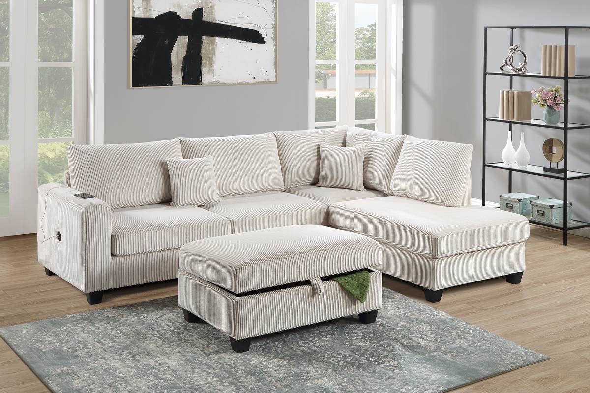 Poundex F8452 3 pc beige corduroy fabric sectional sofa with chaise and storage ottoman and USB plugs