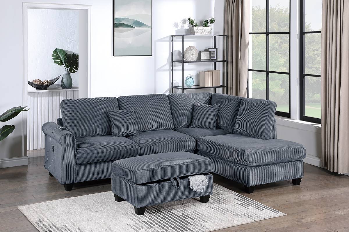 Poundex F8453 3 pc dark grey corduroy fabric sectional sofa with USB plugs rounded arms with chaise and storage ottoman