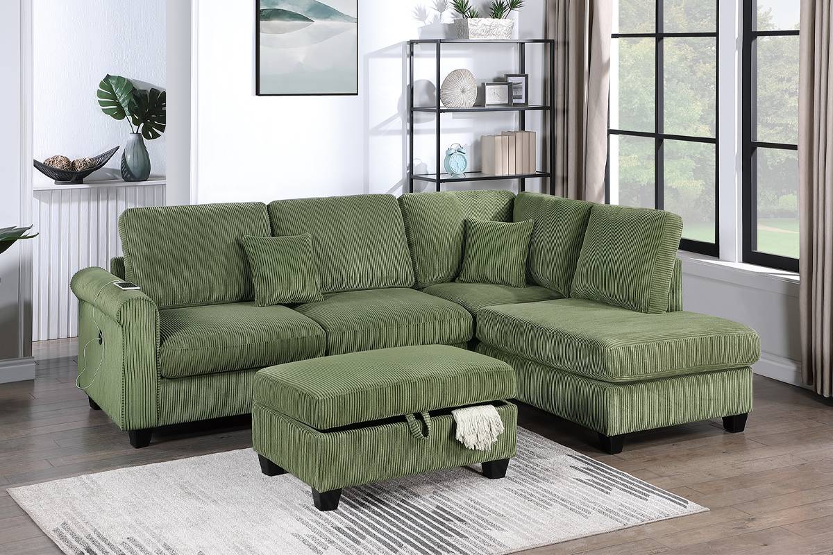 Poundex F8454 3 pc sage green corduroy fabric sectional sofa with USB plugs rounded arms with chaise and storage ottoman