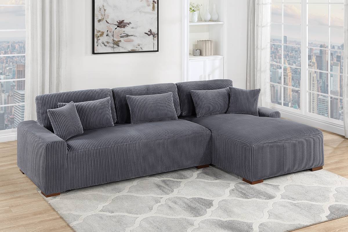 Poundex F8455 2 pc dark grey corduroy fabric extra large sectional sofa with chaise