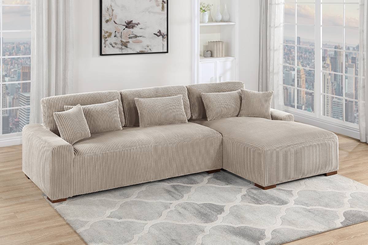 Poundex F8456 2 pc beige corduroy fabric extra large sectional sofa with chaise