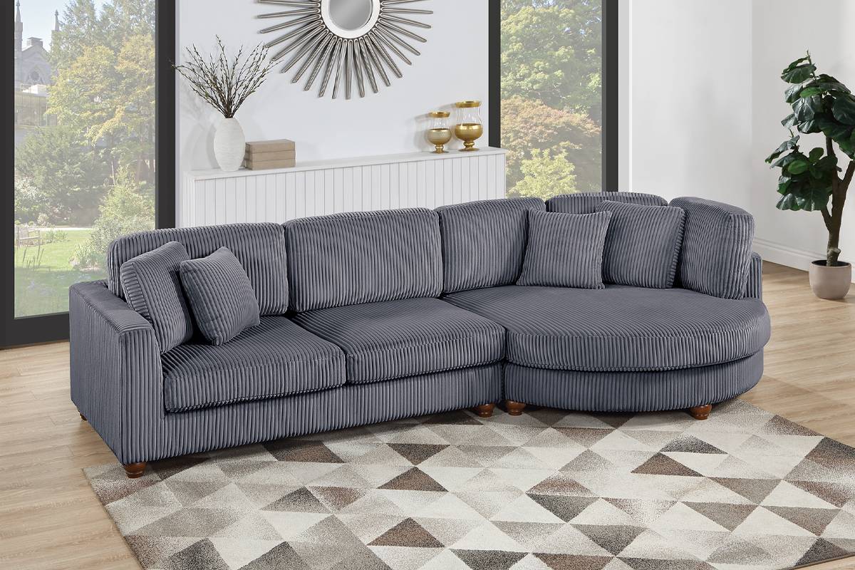 Poundex F8457 2 pc dark grey corduroy fabric extra large sectional sofa with rounded cuddle chaise
