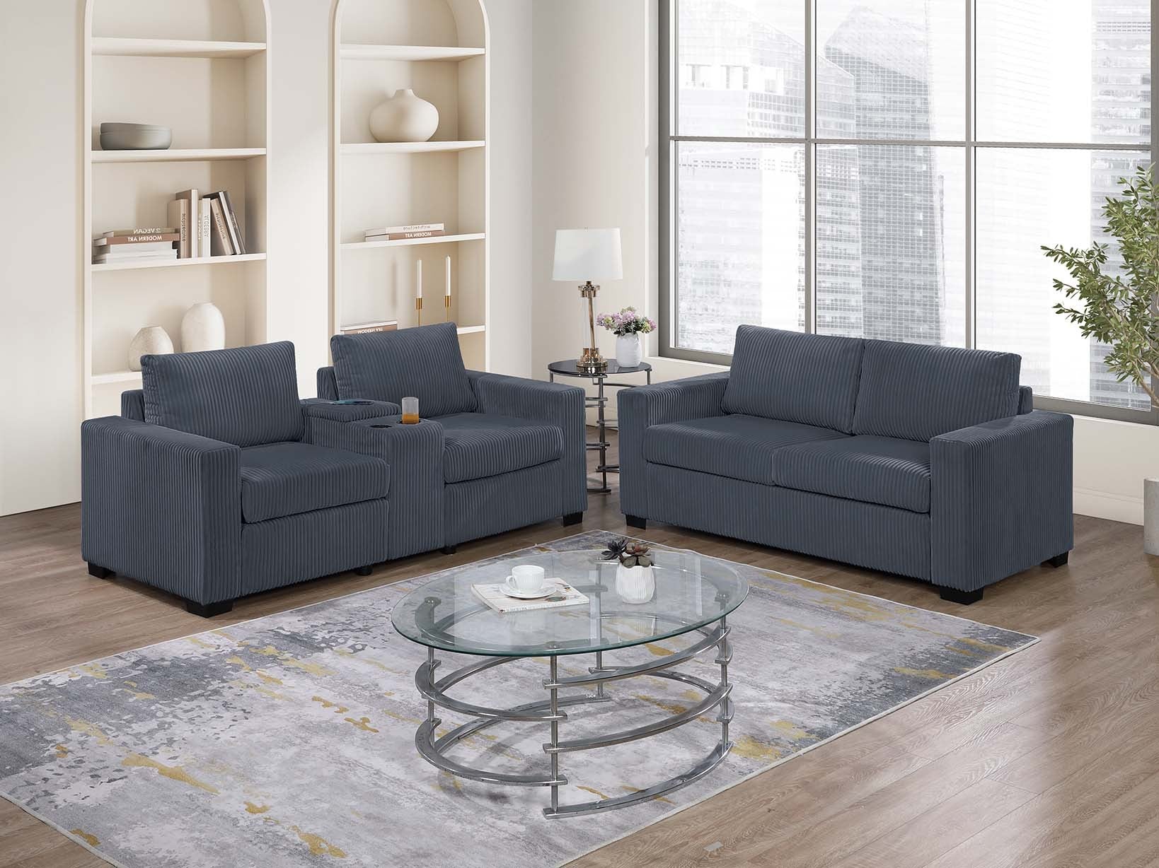 Poundex F8459 2 pc dark grey wide welt corduroy  sofa and love seat set with charging station cup holders and storage