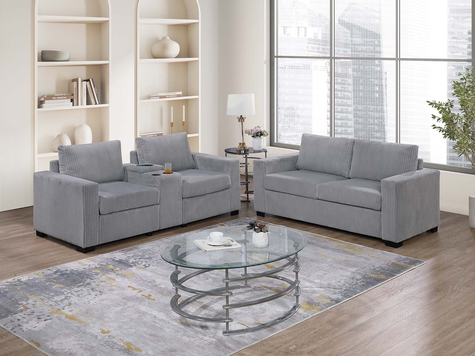 Poundex F8460 2 pc light grey wide welt corduroy  sofa and love seat set with charging station cup holders and storage