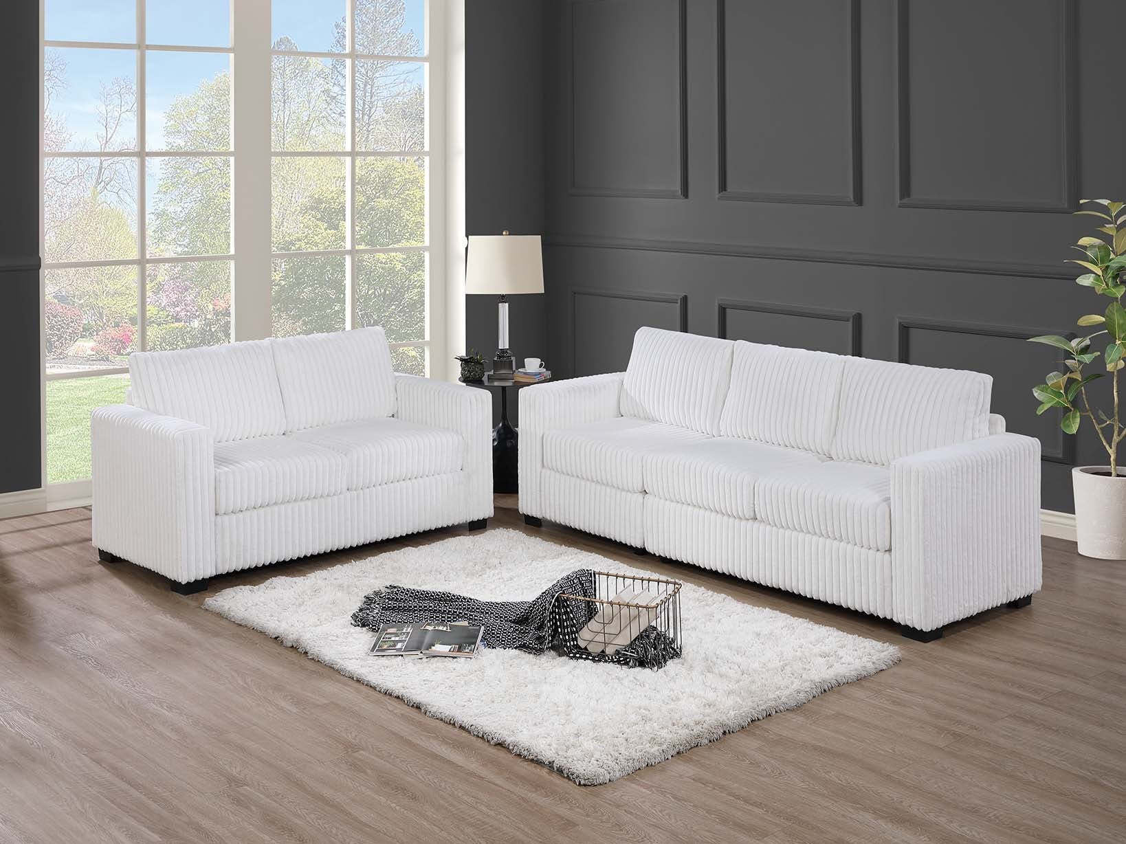 Poundex F8462 2 pc milk white wide welt corduroy fabric upholstery sofa and love seat set