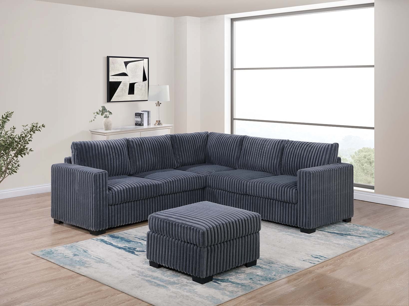 Poundex F8463 4 pc dark grey corduroy fabric upholstered sectional sofa with ottoman