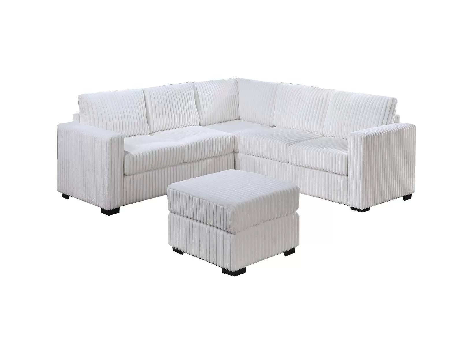 Poundex Milk White Corduroy Fabric Sectional Sofa with Ottoman – F8464