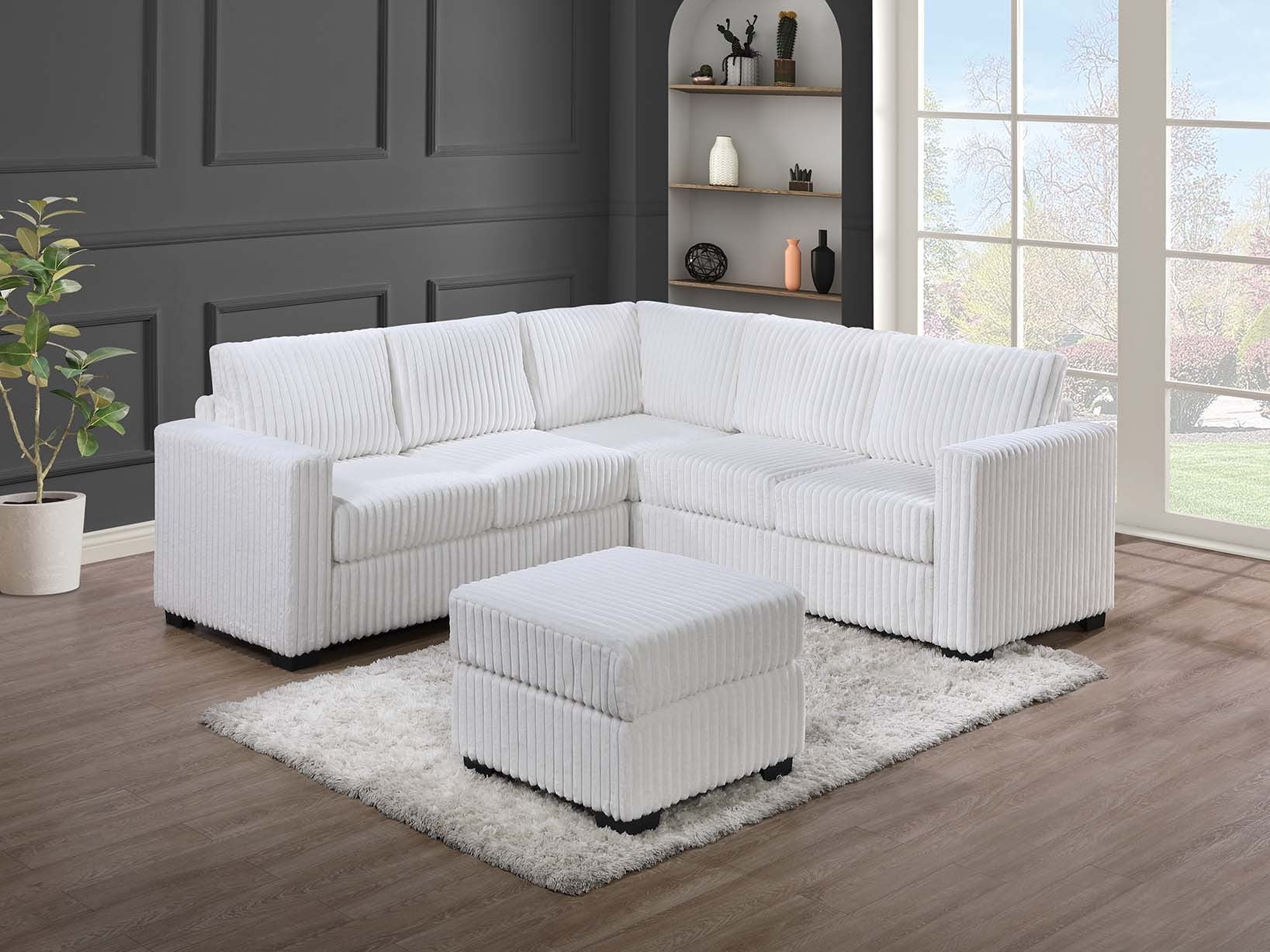 Poundex F8464 4 pc milk white corduroy fabric upholstered sectional sofa with ottoman
