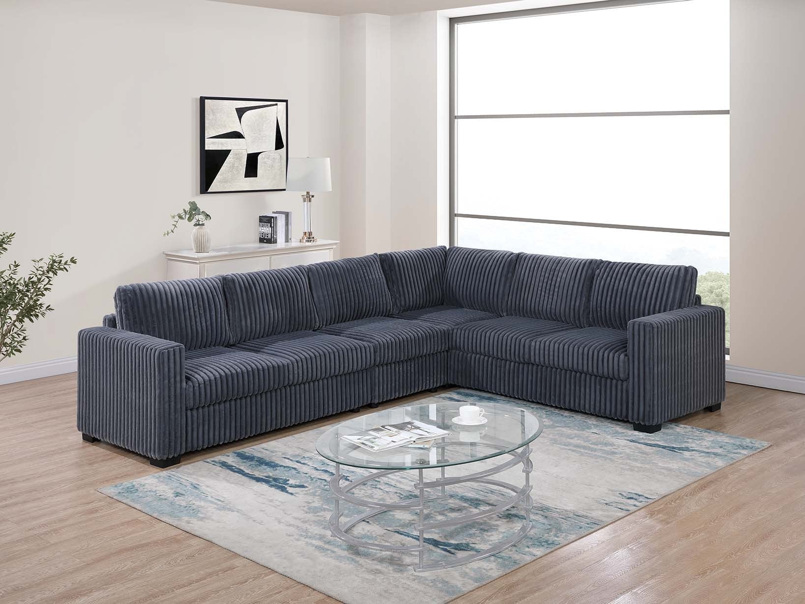 Poundex F8465 4 pc dark grey corduroy fabric upholstered reversible sectional sofa