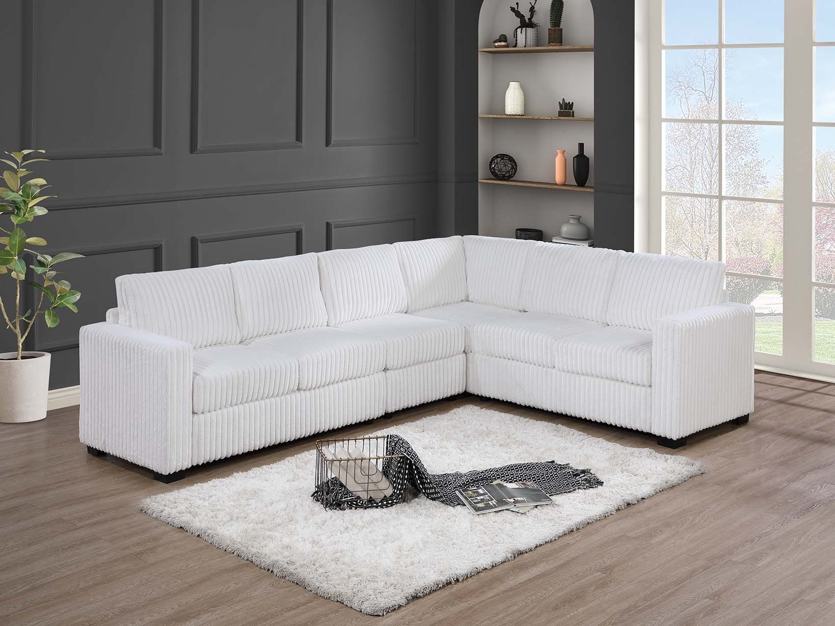 Poundex F8466 4 pc milk white corduroy fabric upholstered reversible sectional sofa