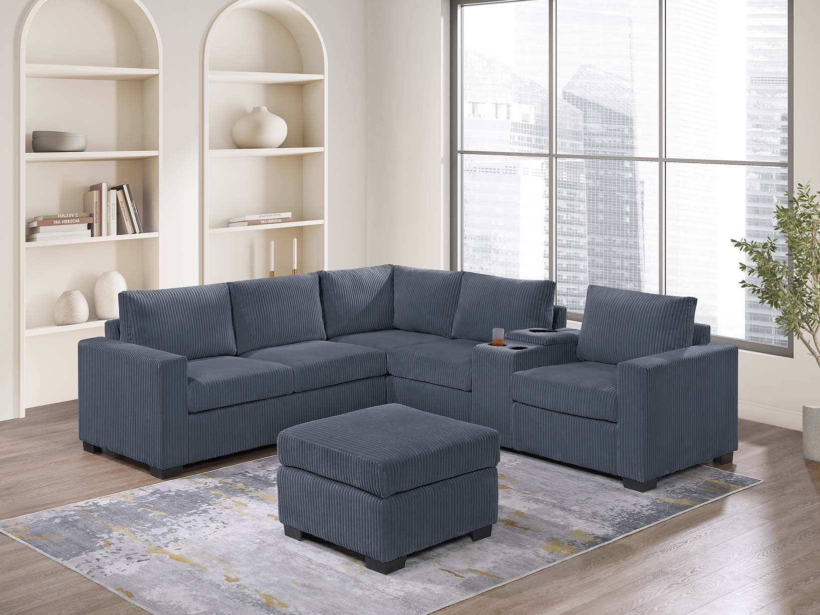 Poundex F8467 4 pc dark grey corduroy fabric upholstered sectional sofa with ottoman and console with USB and cup holders