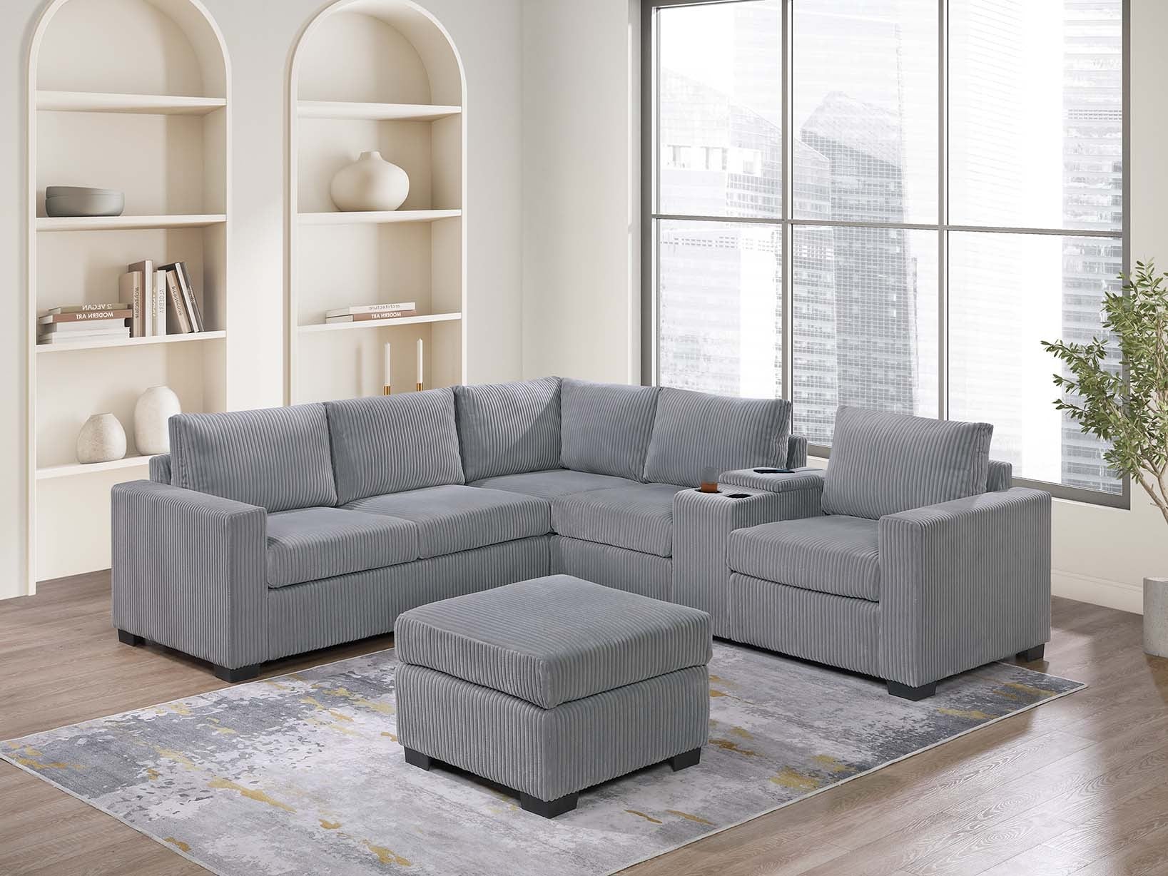 Poundex F8468 4 pc light grey corduroy fabric upholstered sectional sofa with ottoman and console with USB and cup holders