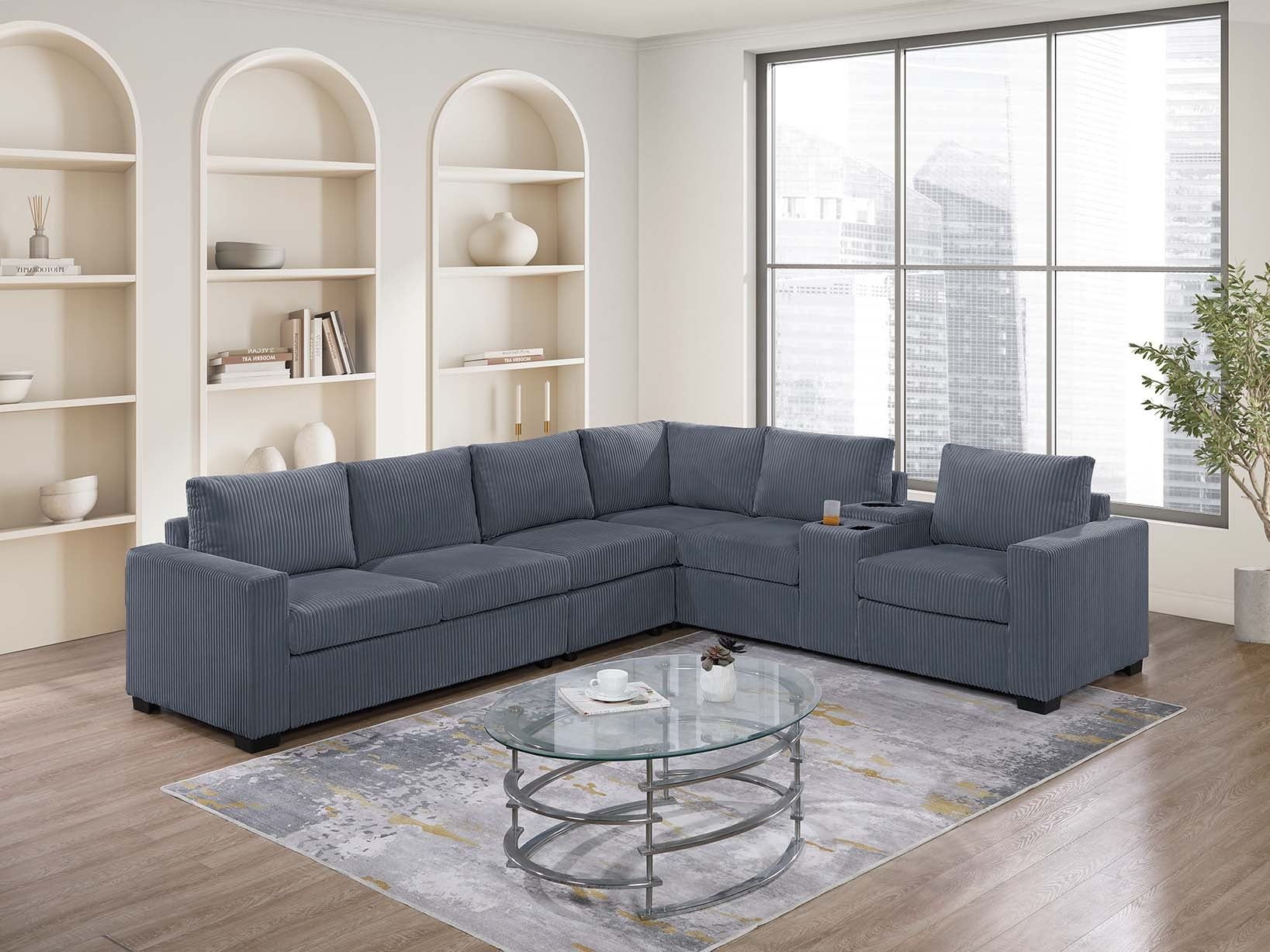 Poundex F8469 4 pc dark grey corduroy fabric upholstered sectional sofa with console with USB and cup holders