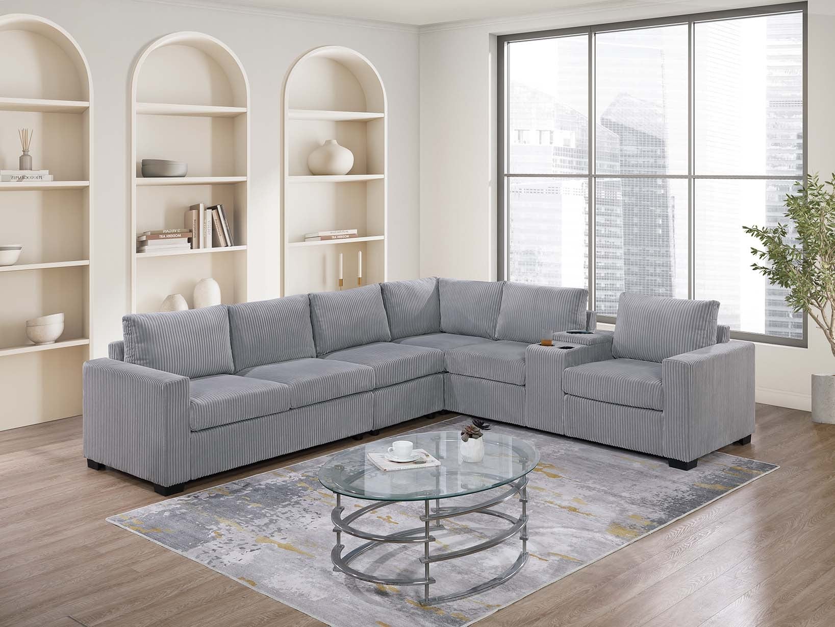 Poundex F8470 4 pc light grey corduroy fabric upholstered sectional sofa with console with USB and cup holders