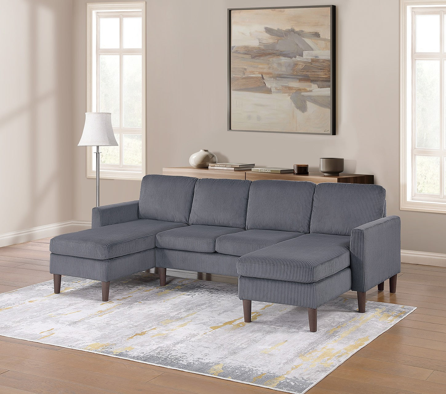 Poundex F8471 3 pc dark grey corduroy fabric sectional sofa with double chaise and tapered legs
