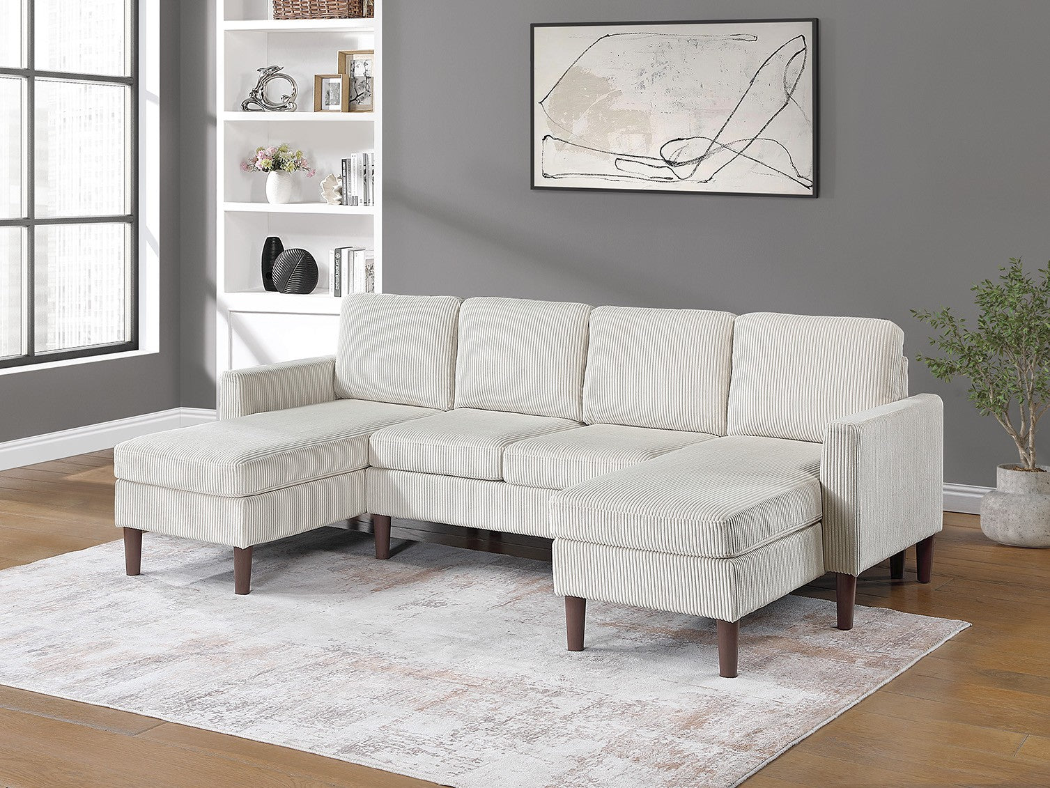Poundex F8472 3 pc beige corduroy fabric sectional sofa with double chaise and tapered legs
