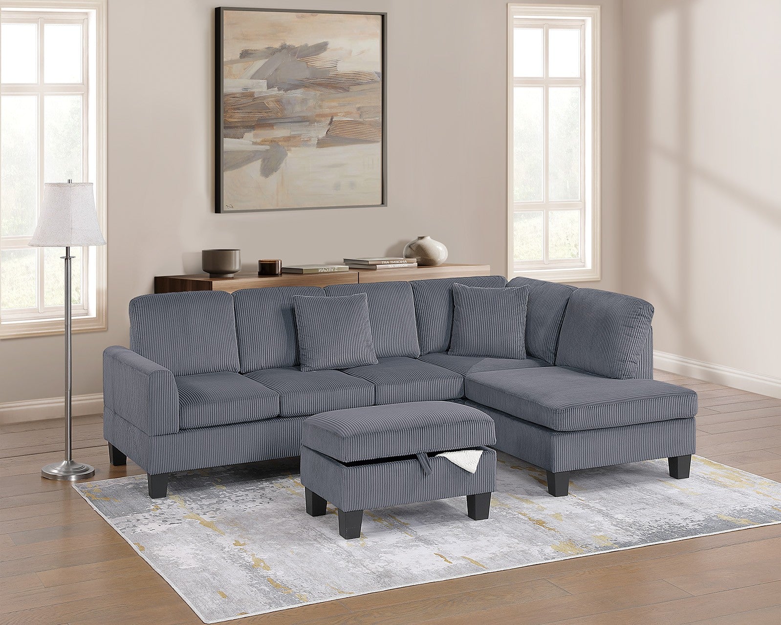 Poundex F8473 3 pc dark grey corduroy fabric sectional sofa with storage ottoman and RAF chaise