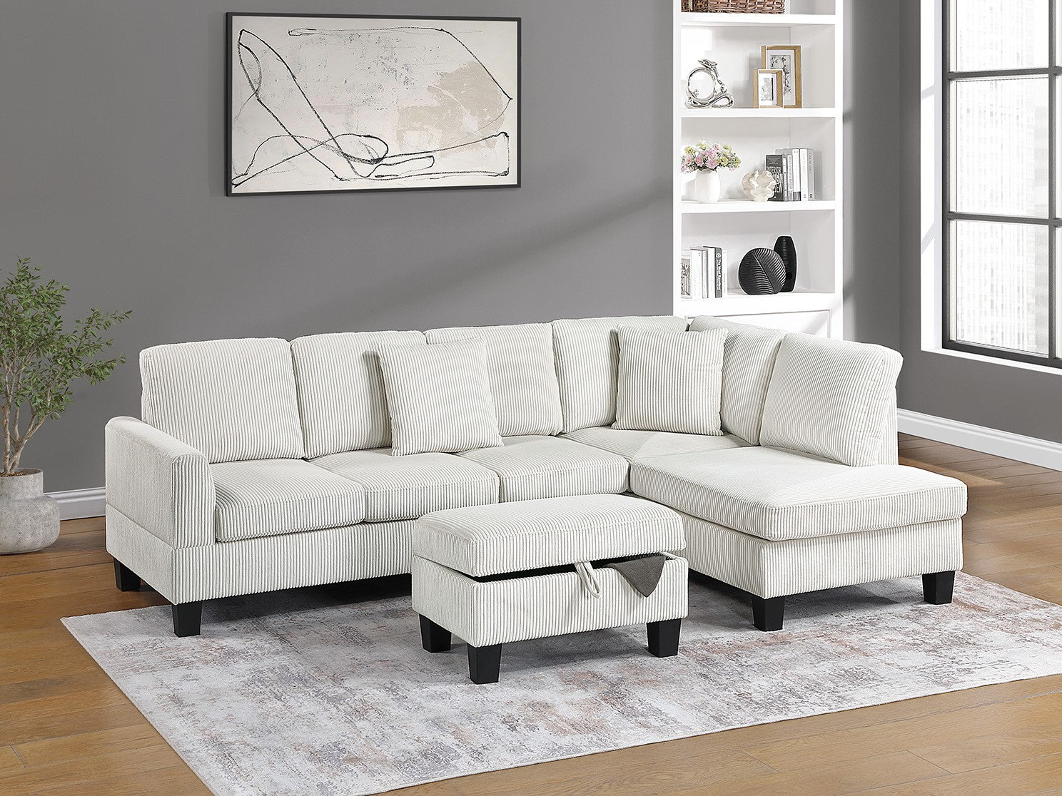 Poundex F8474 3 pc beige corduroy fabric sectional sofa with storage ottoman and RAF chaise