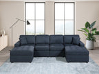 Poundex F8476 4 pc dark blue dorris linen like fabric sectional sofa with double chaise