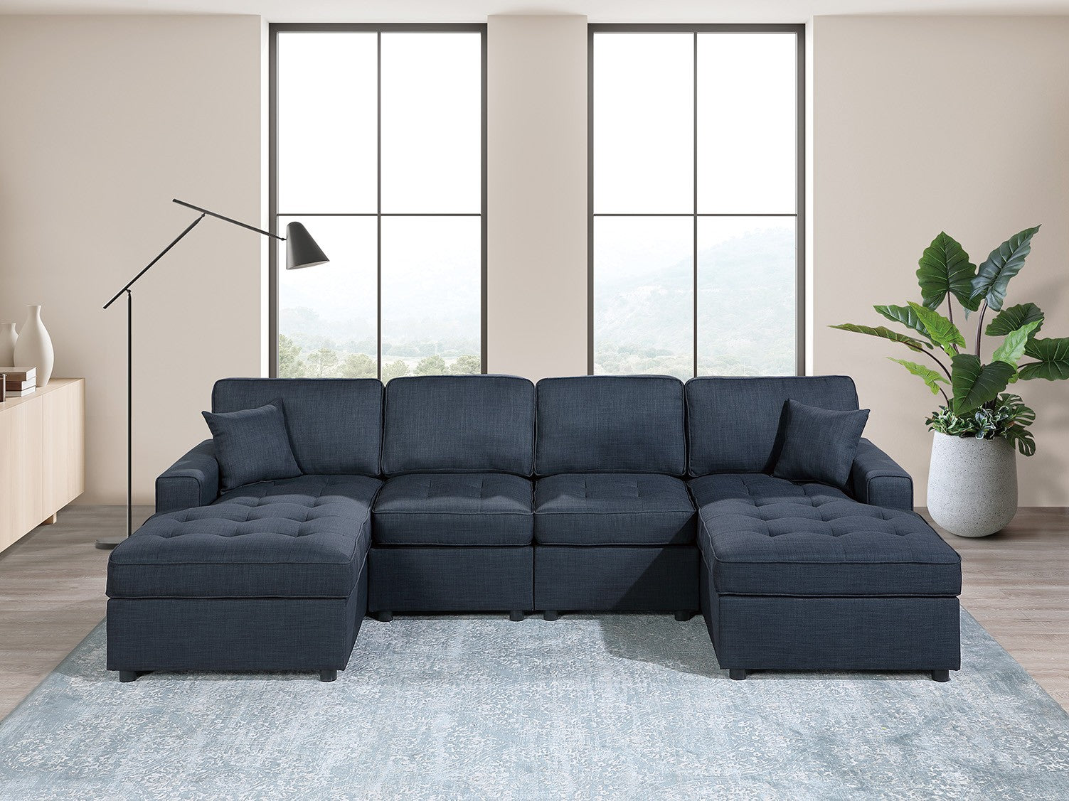 Poundex F8476 4 pc dark blue dorris linen like fabric sectional sofa with double chaise