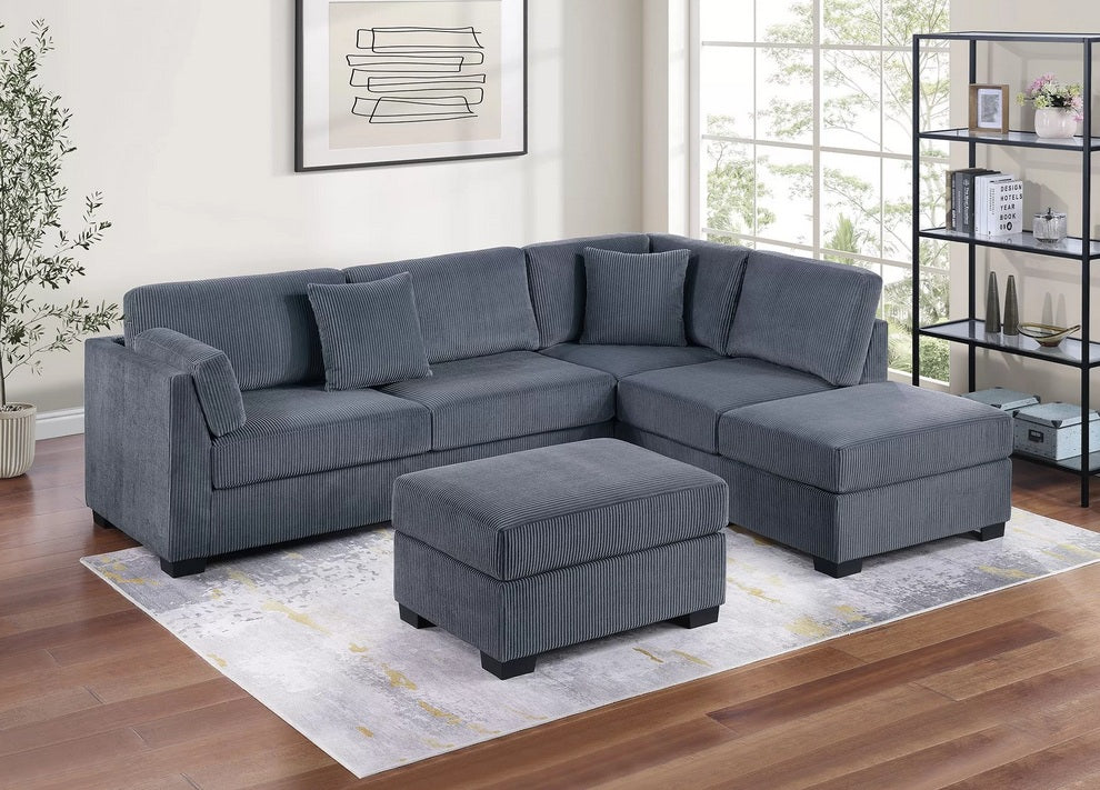 Poundex F8477 3 pc dark grey corduroy fabric sectional sofa reversible chaise and ottoman